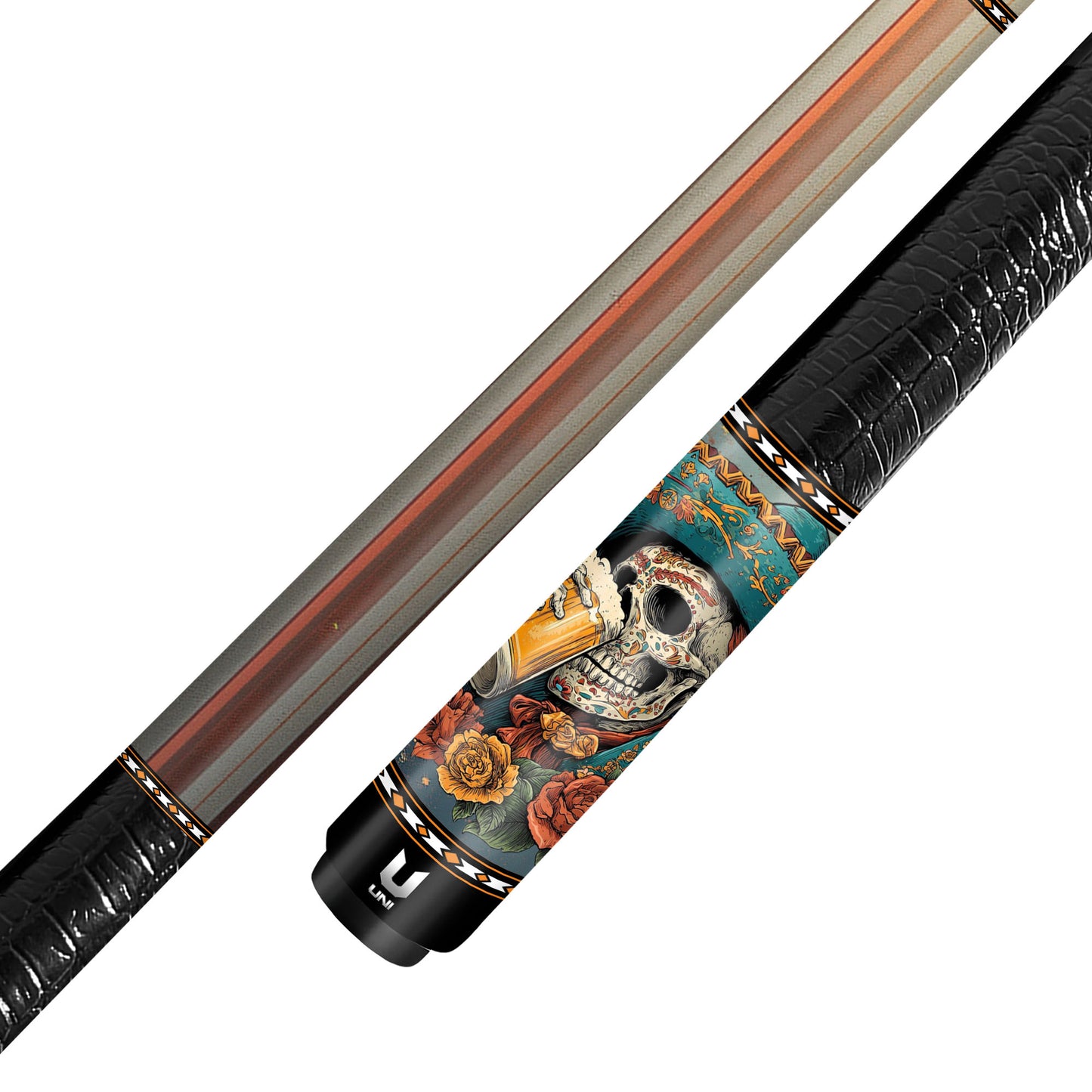 Mariachi Fiesta Skull Carbon Fiber Pool Cue - Sombrero & Beer Calavera Art Stick