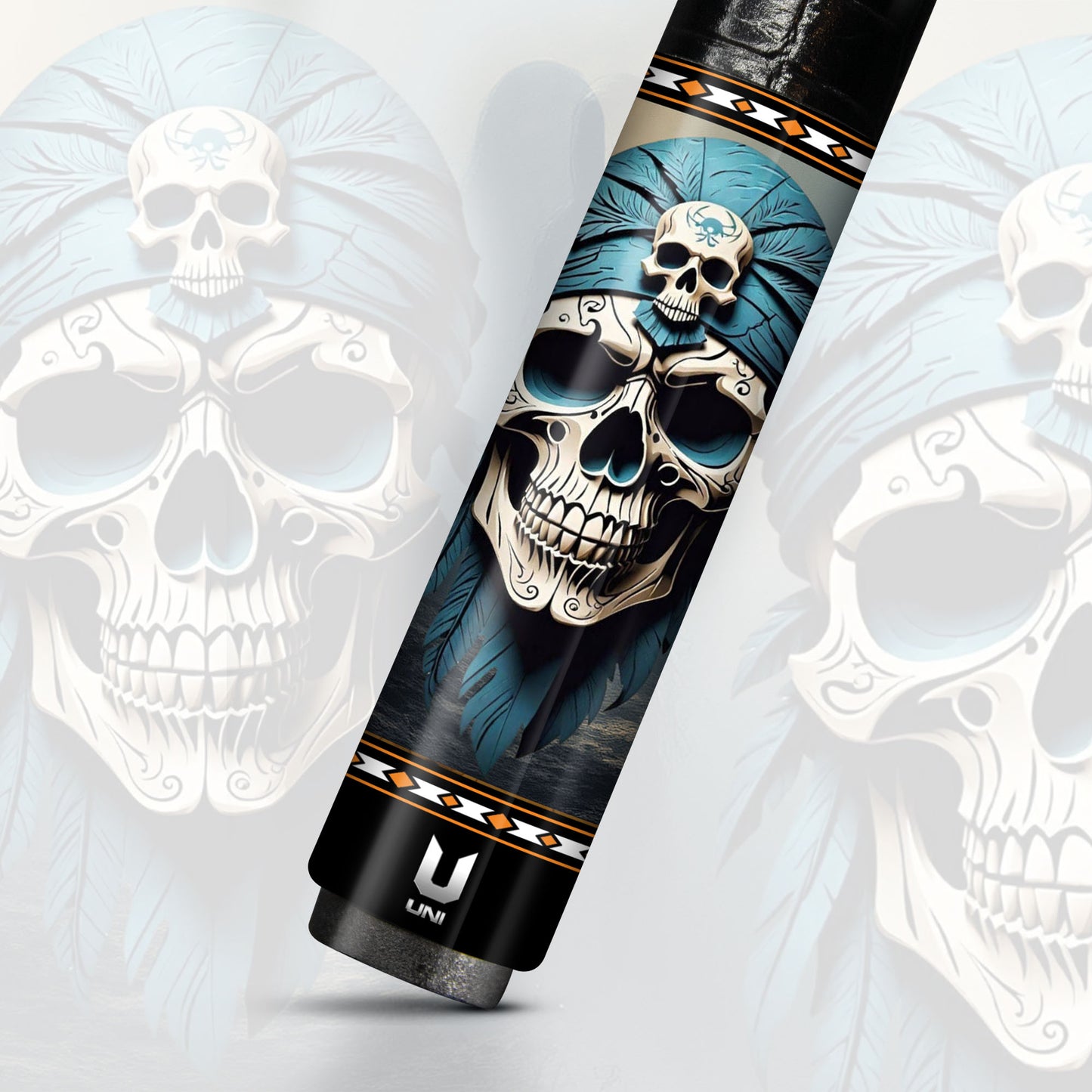 Tribal Mystic Warrior Skull Carbon Fiber Pool Cue - Feathered Shaman Art Stick