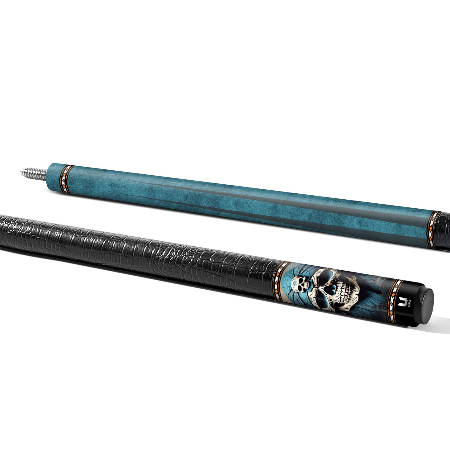 Tribal Mystic Warrior Skull Carbon Fiber Pool Cue - Feathered Shaman Art Stick