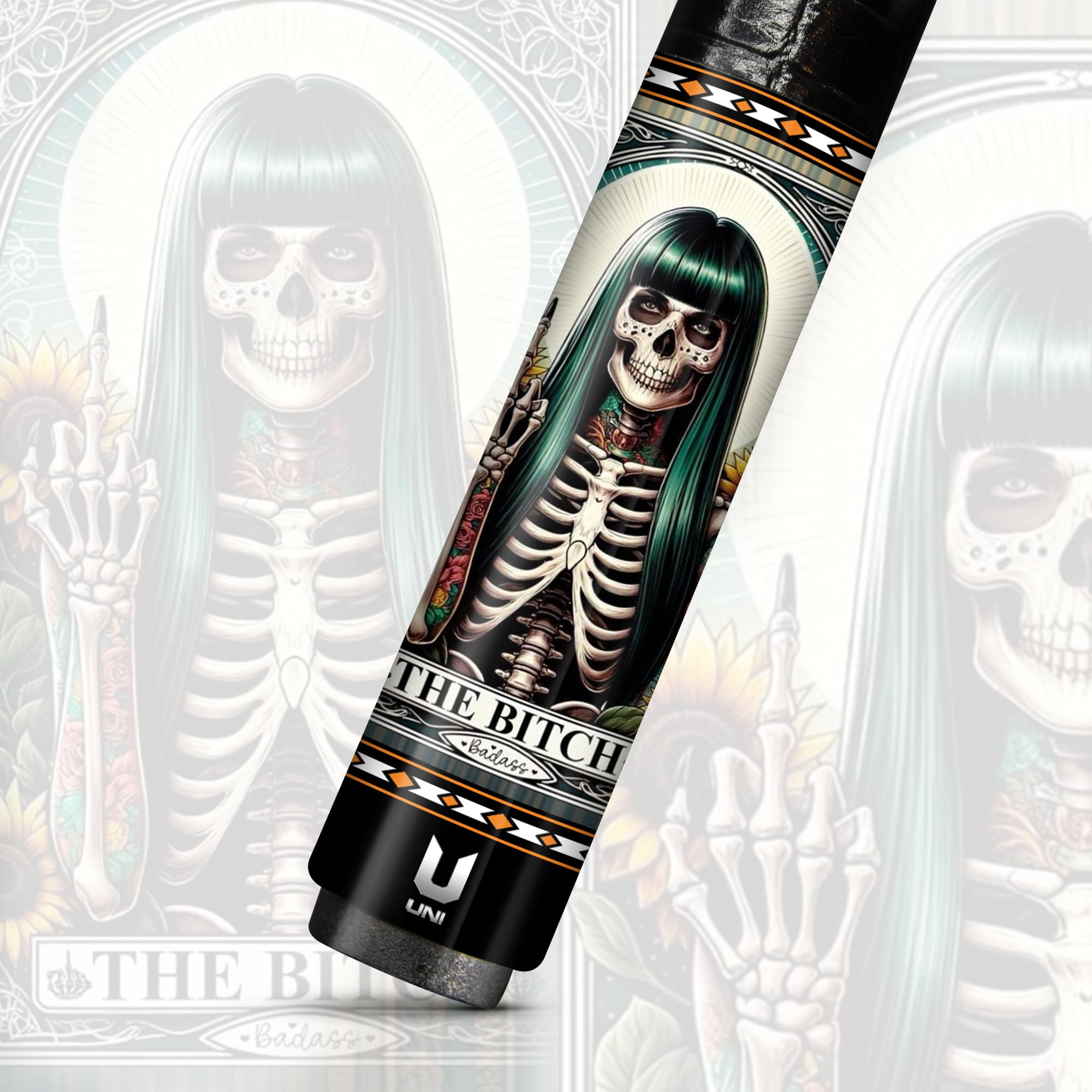 "The Bitch" Tarot Card Tattoo Skeleton Carbon Fiber Pool Cue - Badass Art Stick