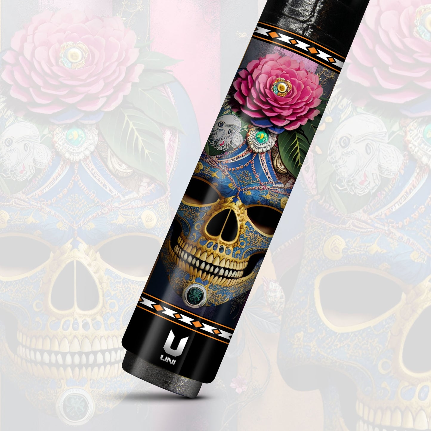 Royal Jeweled Skull Carbon Fiber Pool Cue - Peony Opulence Calavera Art Stick