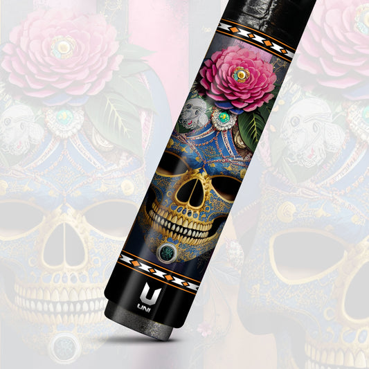 Royal Jeweled Skull Carbon Fiber Pool Cue - Peony Opulence Calavera Art Stick