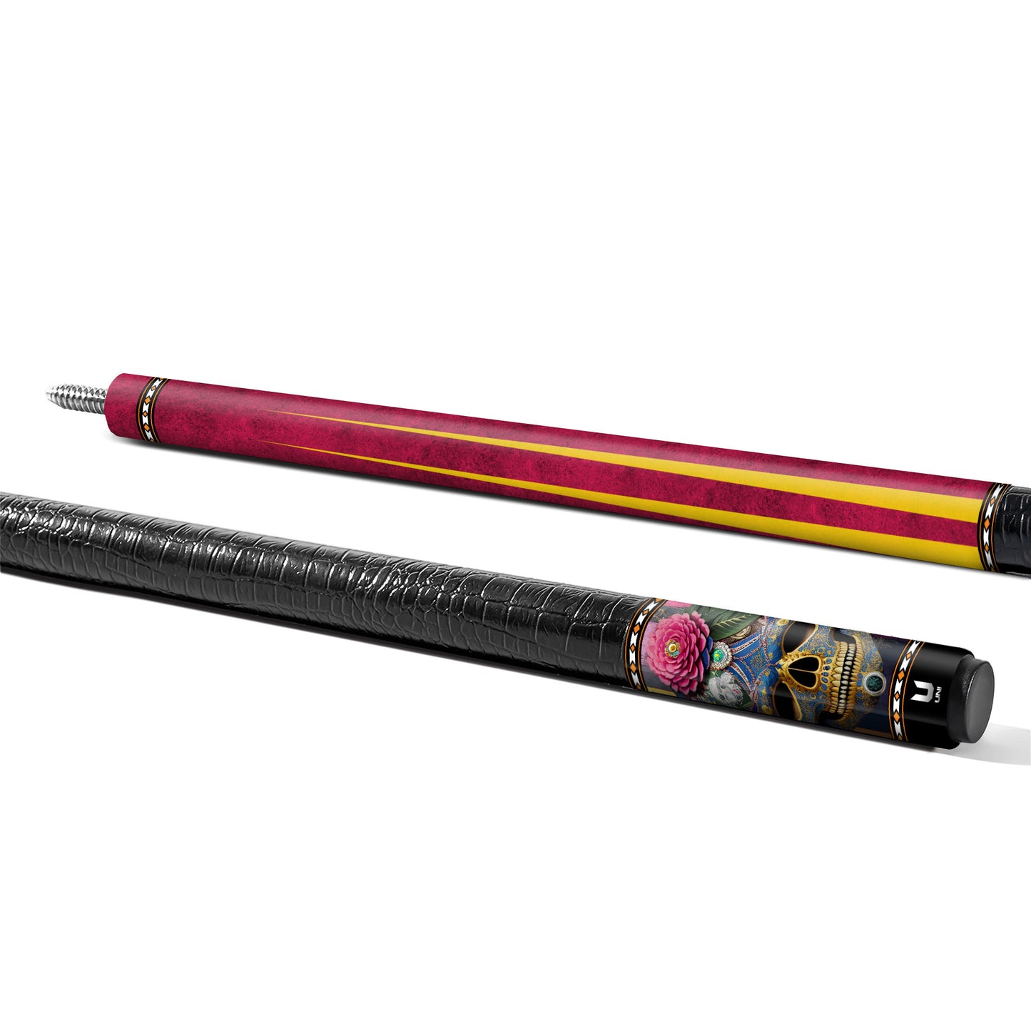 Royal Jeweled Skull Carbon Fiber Pool Cue - Peony Opulence Calavera Art Stick