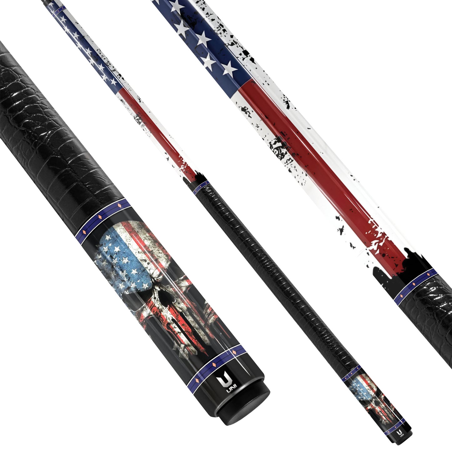 Punisher Patriot Carbon Fiber Pool Cue - Distressed Flag & Tactical Skull Art Stick