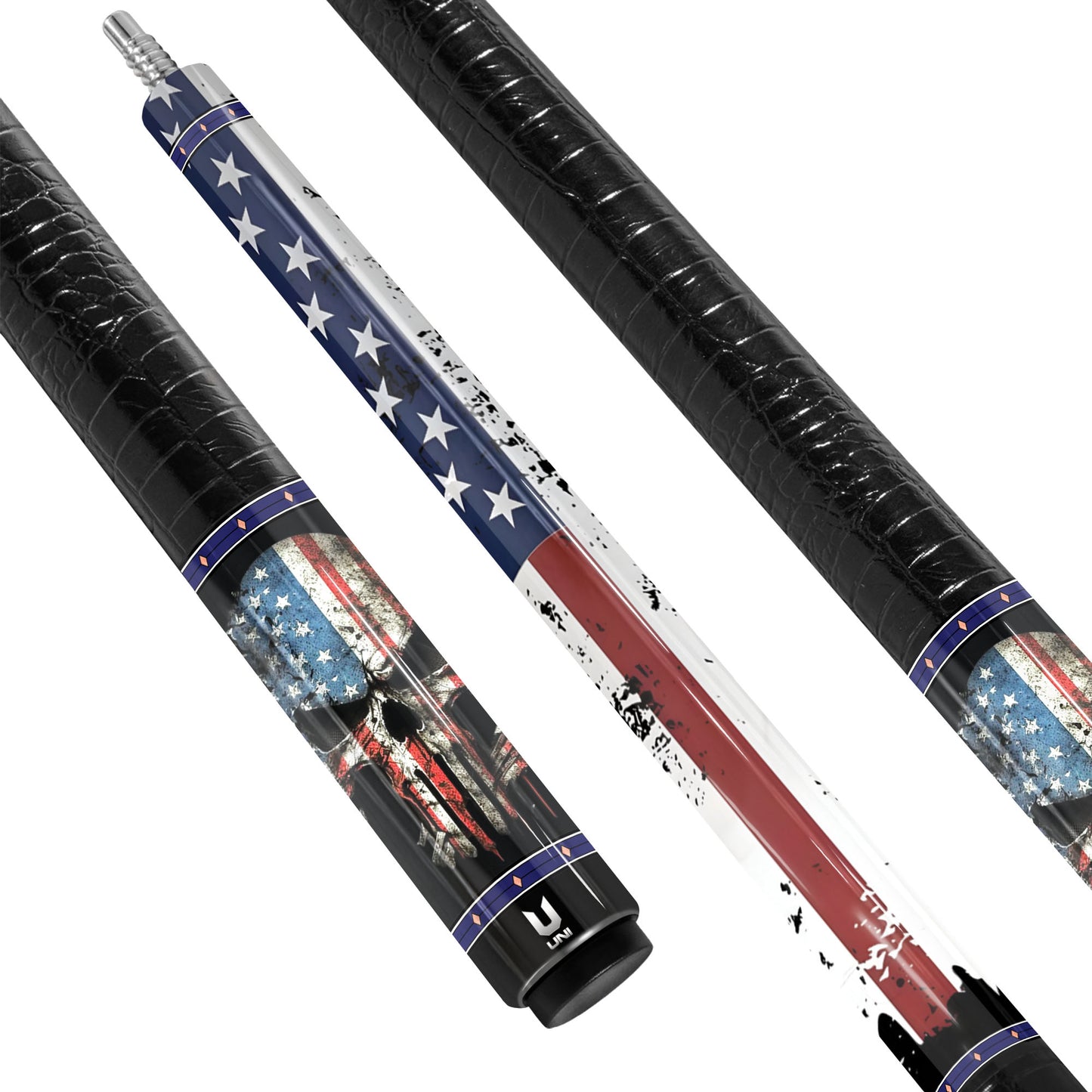 Punisher Patriot Carbon Fiber Pool Cue - Distressed Flag & Tactical Skull Art Stick