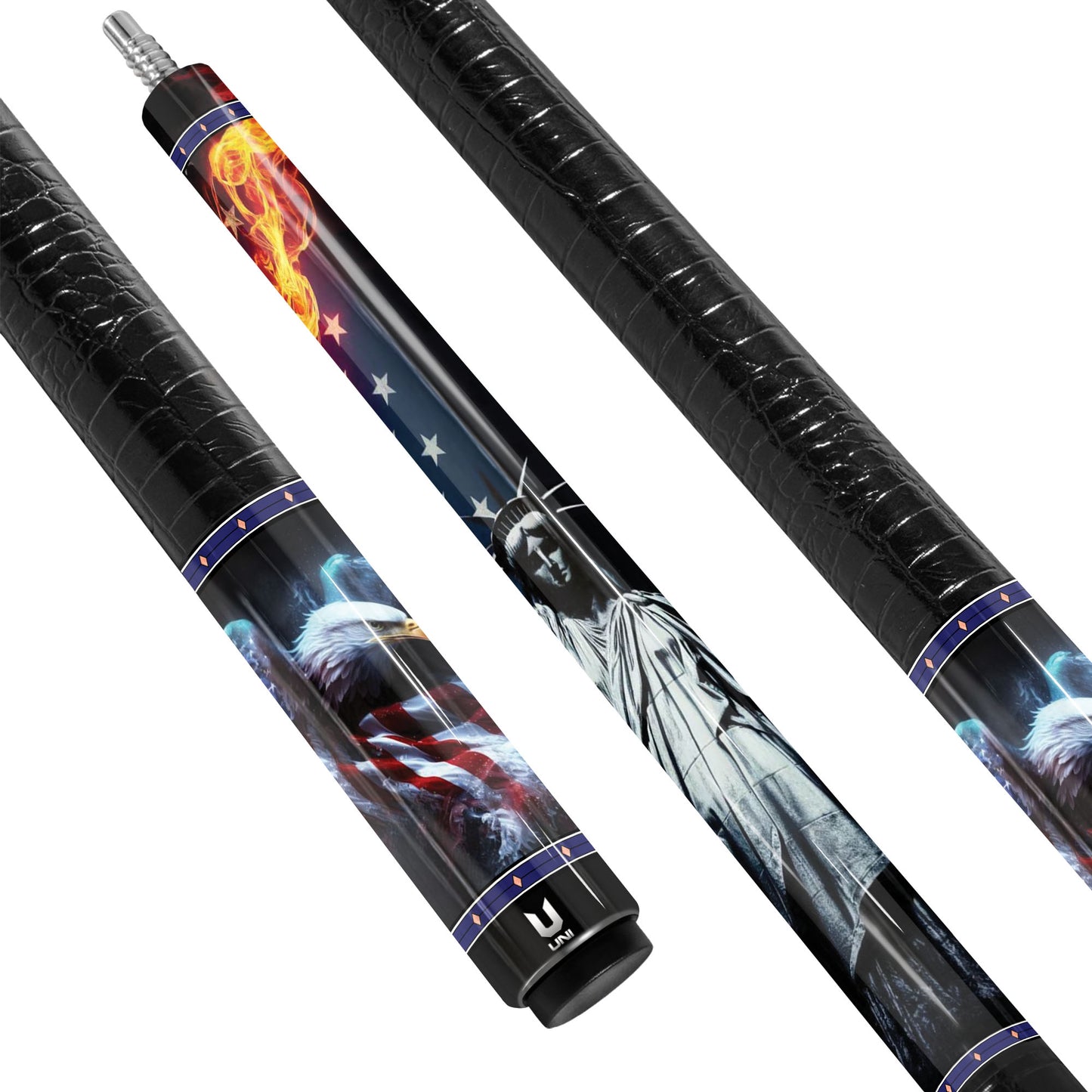 Eternal Liberty Flame Carbon Fiber Pool Cue - Soaring Eagle Patriotic Cinematic Art Stick