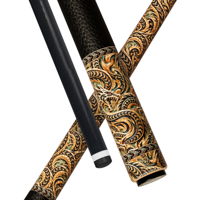 Wowcue Dragon Tribal Glass Fiber Pool Cue | Maori Black Ink Dragon Nest on Aged Bronze Verdigris Theme