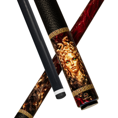 Wowcue Gold Foil Medusa Glass Fiber Pool Cue | Emerald-Eyed Gorgon on Crimson Velvet Theme