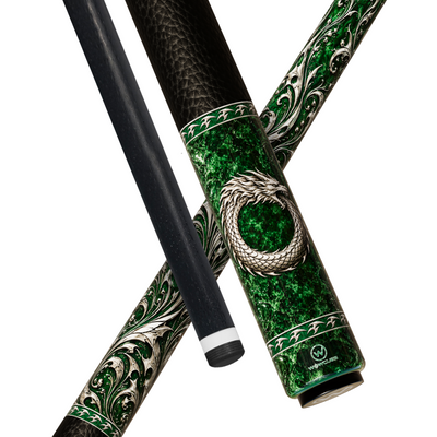 Wowcue Dragon Tribal Glass Fiber Pool Cue | Silver Ouroboros Dragon on Jade Theme