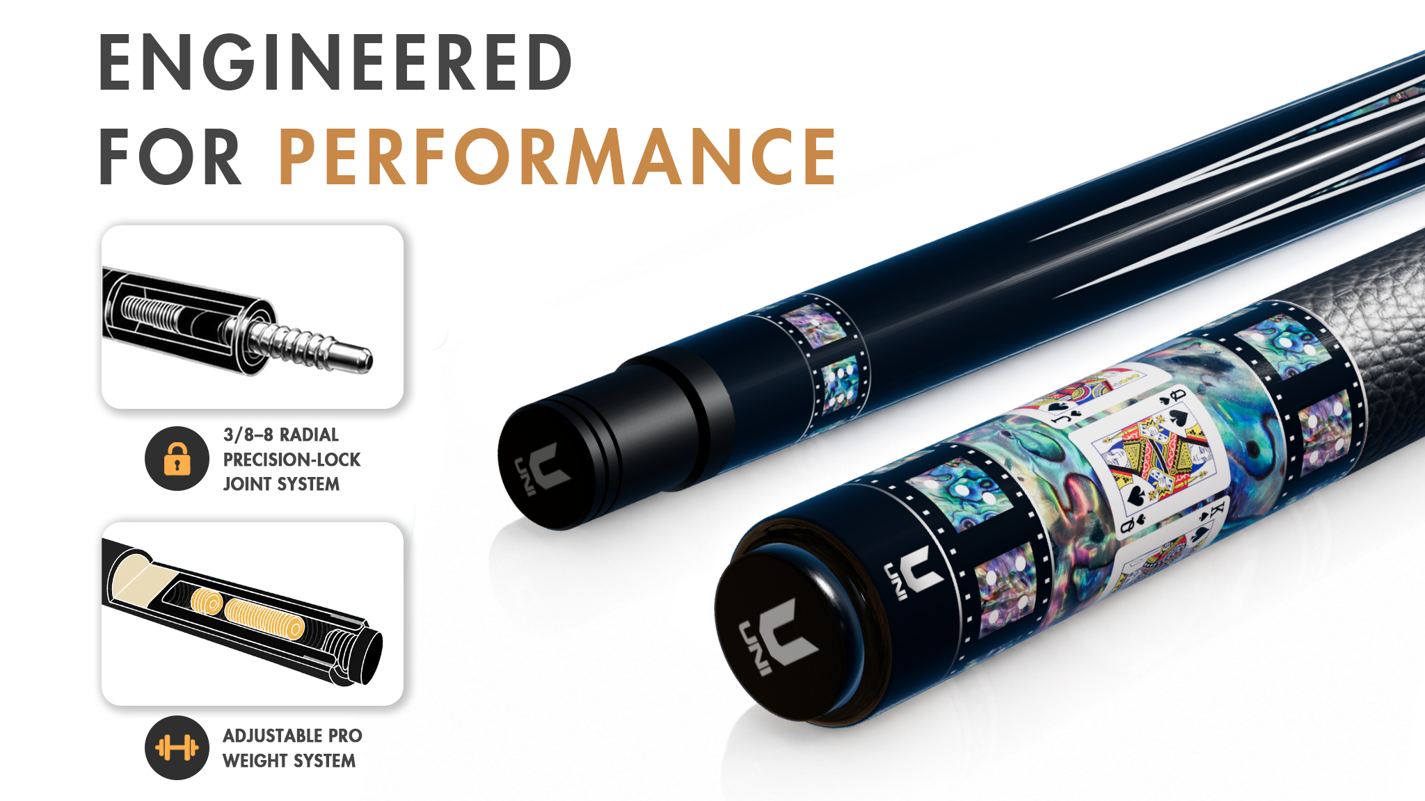 Uni Royal Flush Carbon Fiber Pool Cue | Abalone Shell Pattern - Detail 1