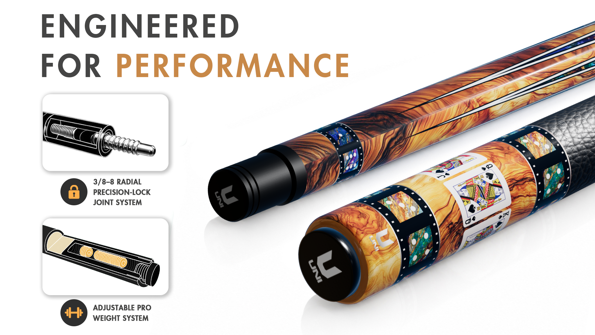 Uni Royal Flush Carbon Fiber Pool Cue | Mahogany Burl & Gold Pattern - Detail 1