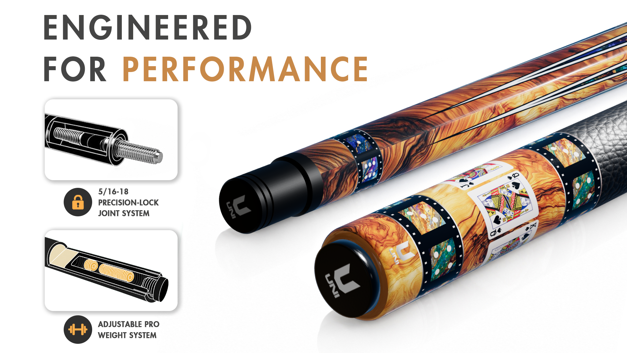 Uni Royal Flush Carbon Fiber Pool Cue | Mahogany Burl & Gold Pattern - Detail 1