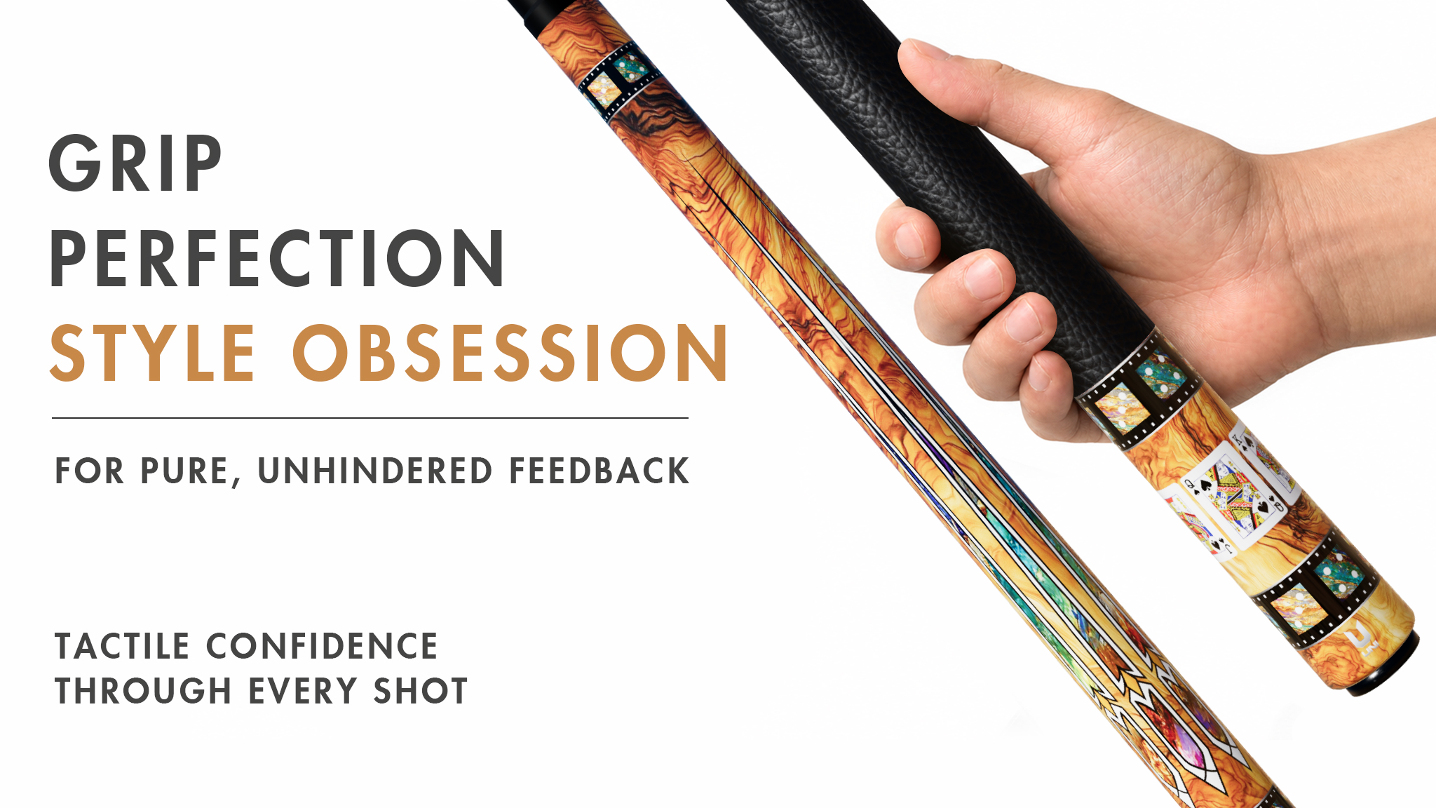 Uni Royal Flush Carbon Fiber Pool Cue | Mahogany Burl & Gold Pattern - Detail 2