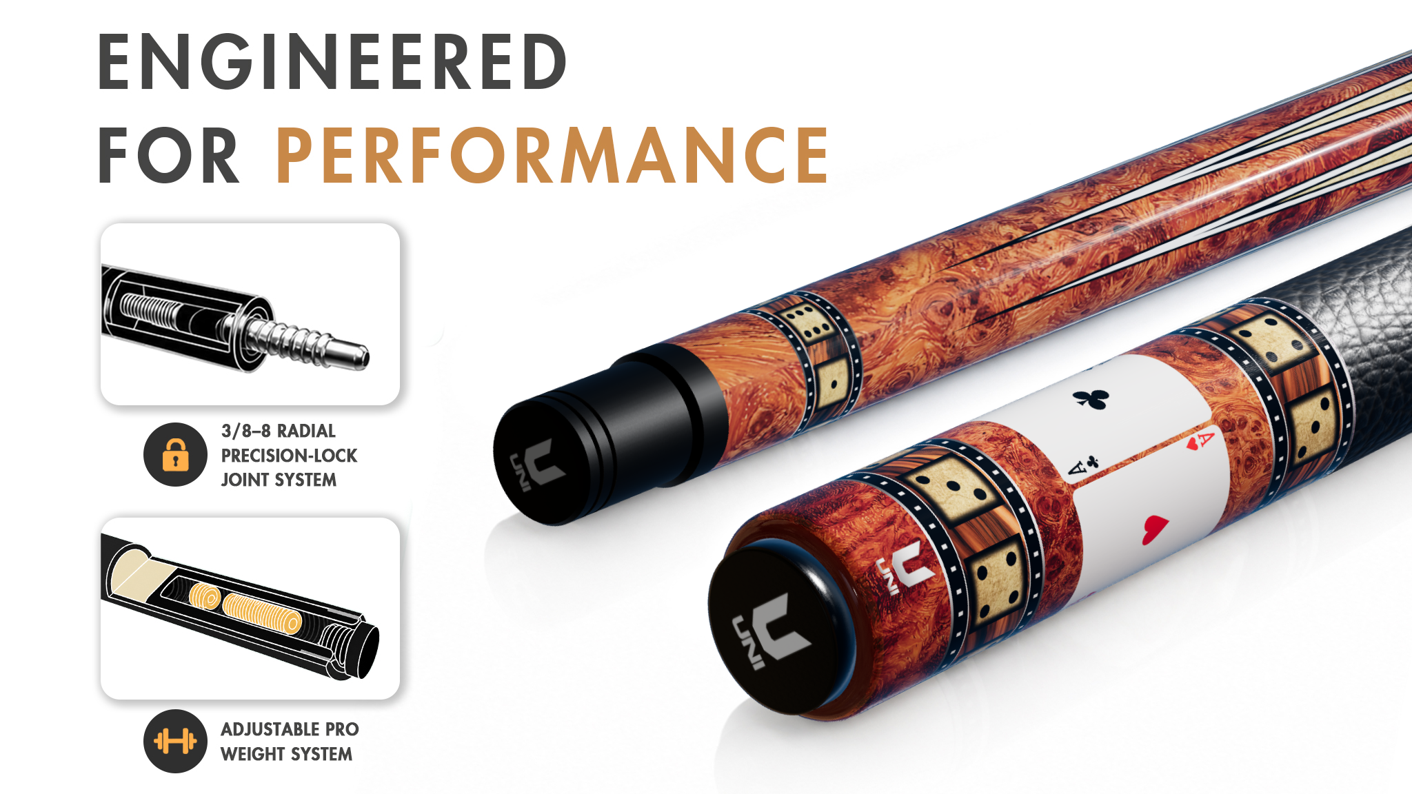 Uni Royal Flush Carbon Fiber Pool Cue | Burl Wood & Precision Graphics - Detail 1