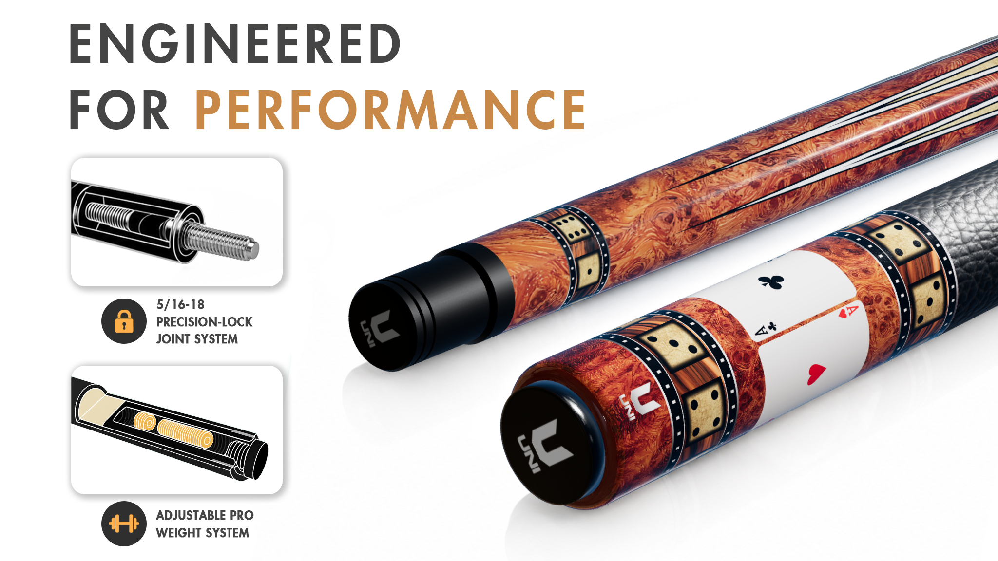 Uni Royal Flush Carbon Fiber Pool Cue | Burl Wood & Precision Graphics - Detail 1