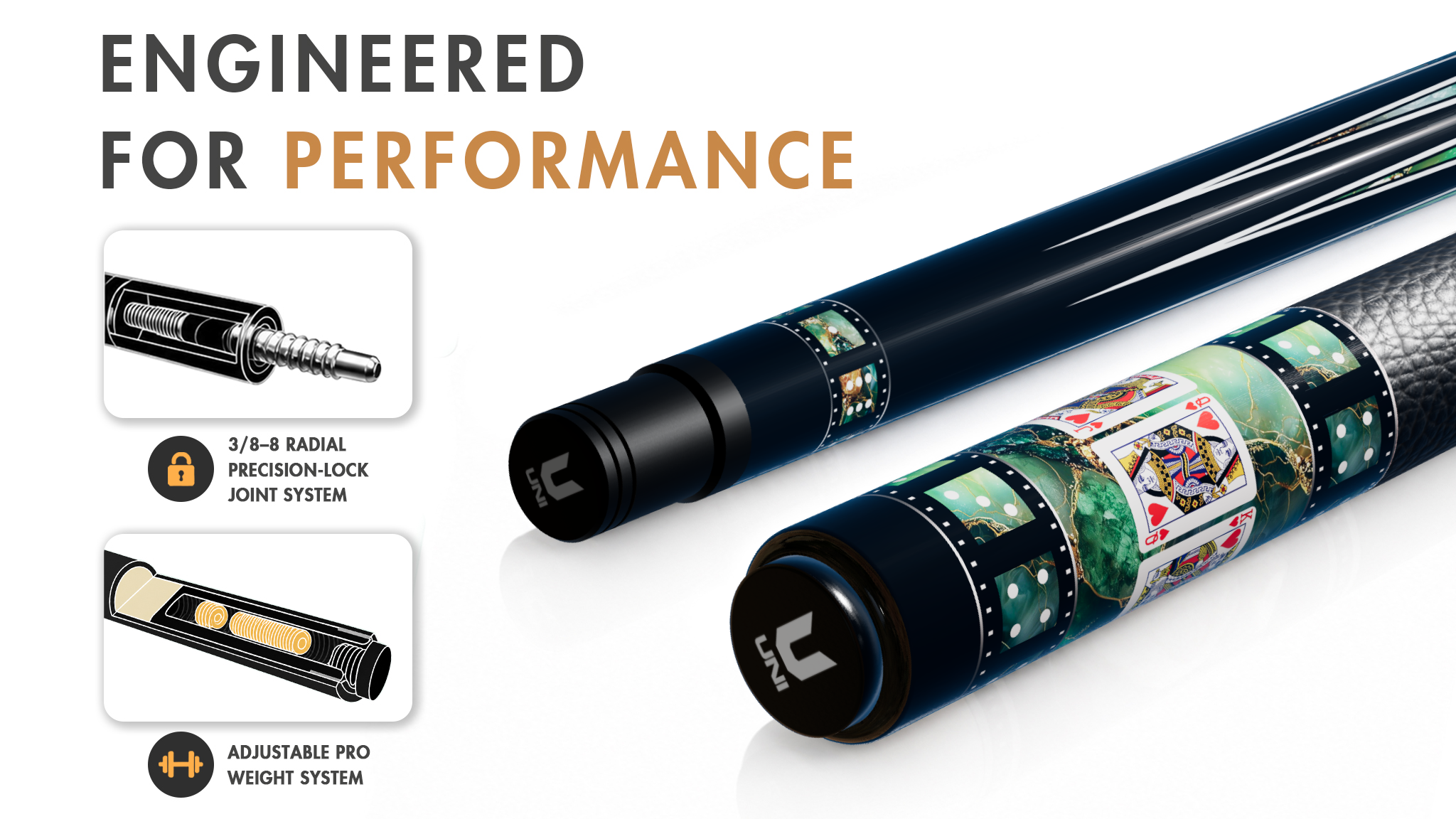 Uni Royal Flush Carbon Fiber Pool Cue | Emerald Malachite & Gold - Detail 1