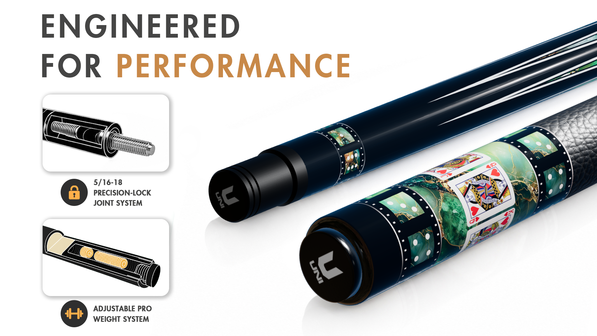 Uni Royal Flush Carbon Fiber Pool Cue | Emerald Malachite & Gold - Detail 1